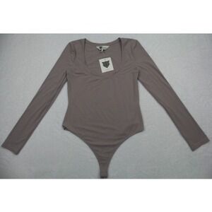 Lita By Ciara Bodysuit Womens Size Medium Gray Kiss Long Sleeve Scoop Neck NWT